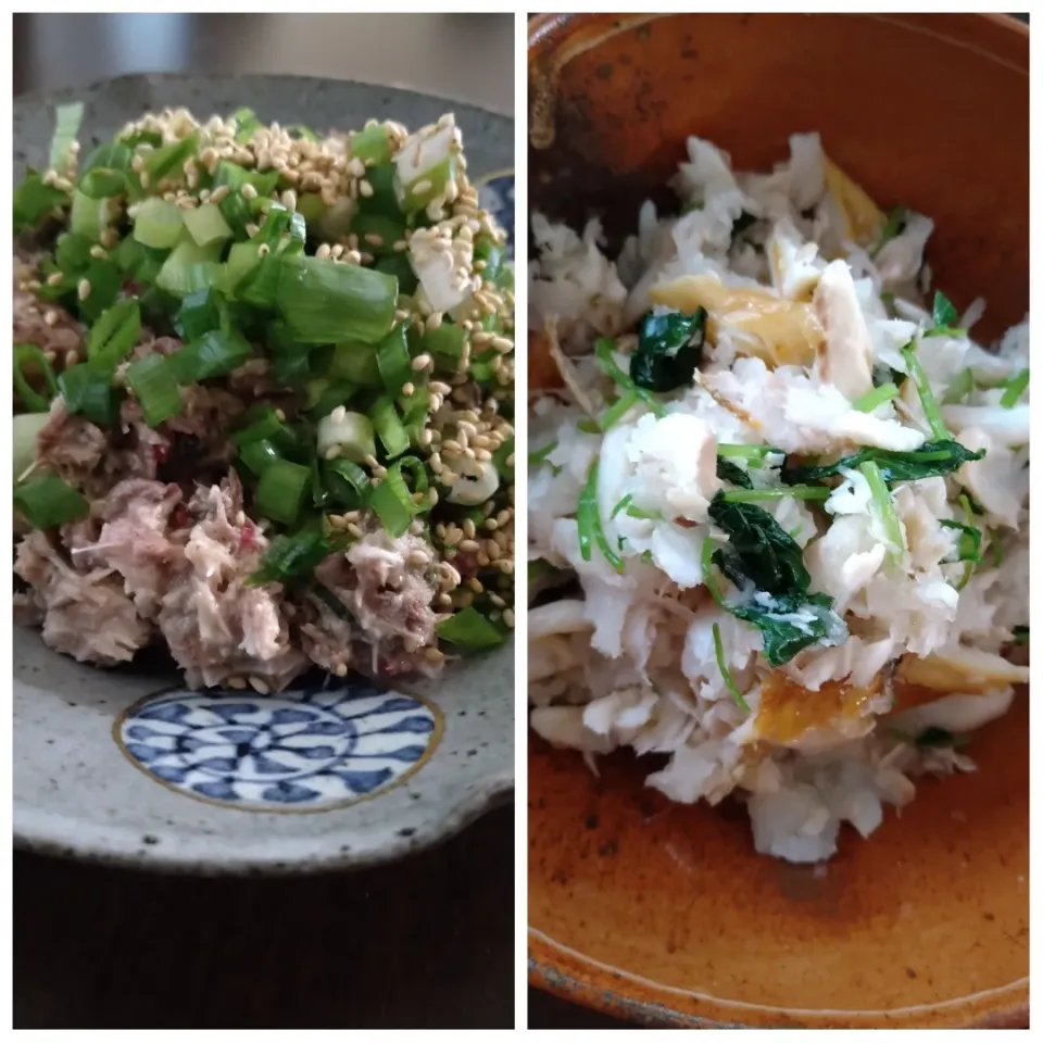 まりおさんの料理から2皿〜♪　 ほぐしほっけの三つ葉和えとサバ缶のなめろう🐟|とだともさん