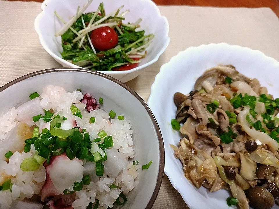 タコと里芋の炊き込みご飯
豚とキノコの炒めもの
水菜サラダ|とびさん