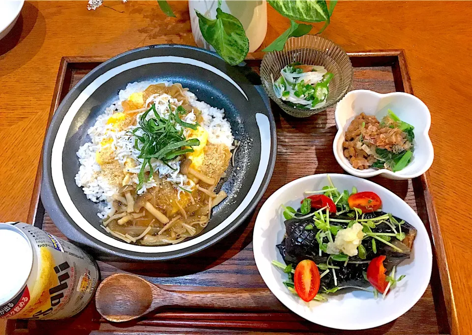 しらすのとろとろあんかけ丼、茄子の揚げ浸し、オクラカニカマのなめ茸あえ、納豆添えお浸し|Iggywiggyさん