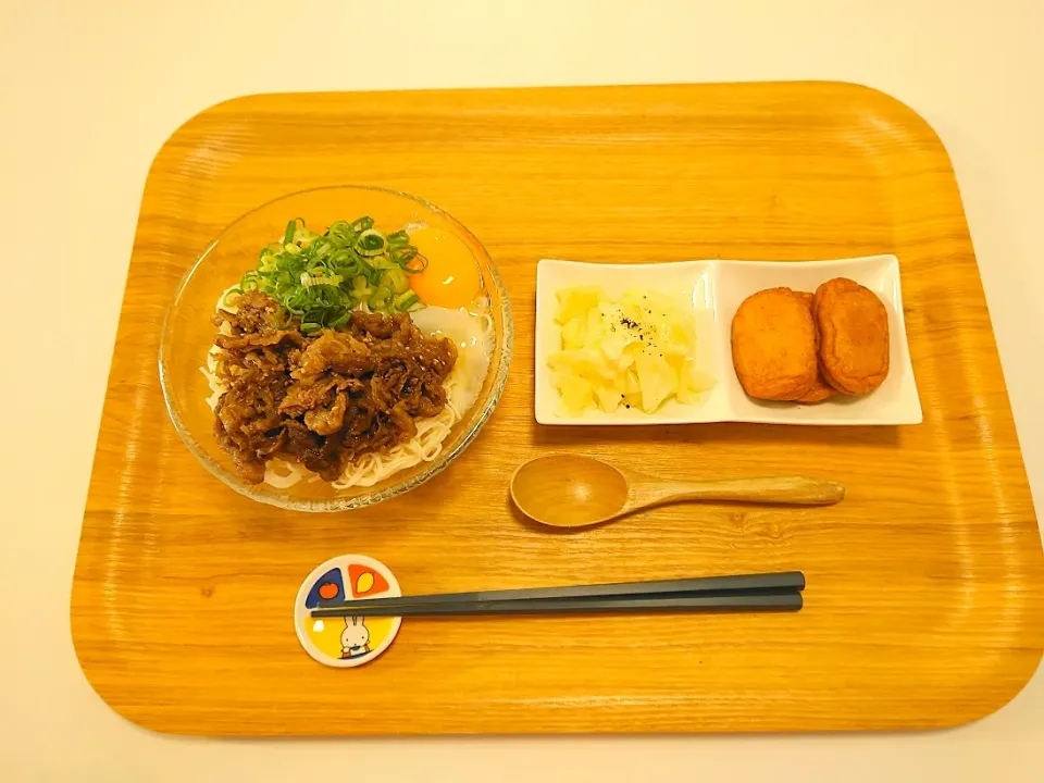 今日の夕食　お月見そうめん、キャベツサラダ、さつま揚げ|pinknari🐰🌈さん