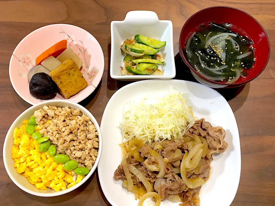 Snapdishの料理写真:三色丼　豚の生姜焼き　わかめスープ　きゅうりとちくわの梅味噌和え　煮物|おさむん17さん