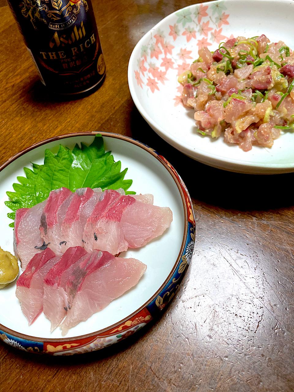 釣ってきたツバスでお刺身となめろう💕