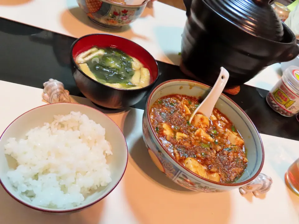 今日は痺れと辛さを少し抑えた麻婆豆腐
と
お揚げさんとワカメのお味噌汁
を土鍋ご飯で！|Takeshi  Nagakiさん