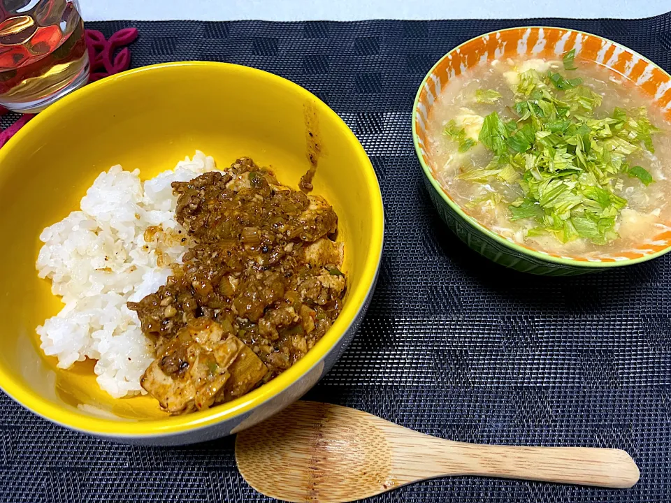 麻婆丼、ふんわり卵とセロリのスープ|ゆうさん