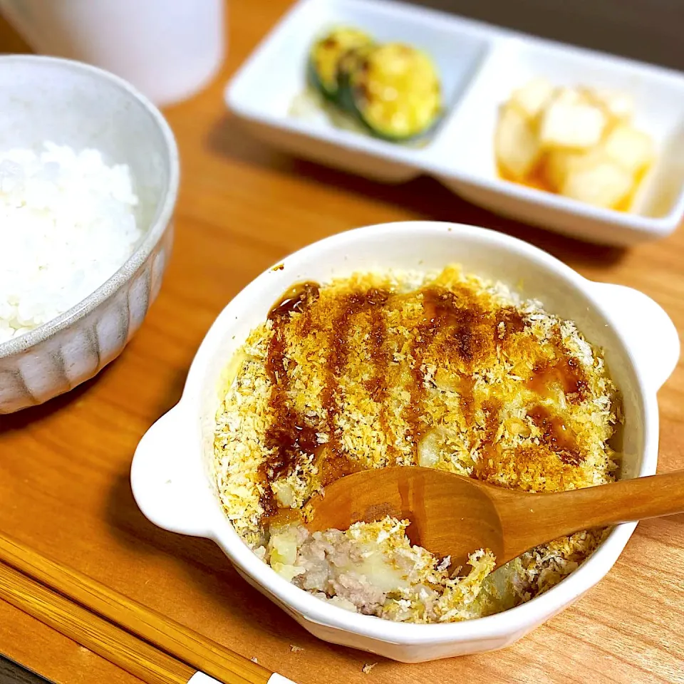 スコップコロッケ　おつまみカクテキ　ズッキーニの焼きびたし|ちぐあささん