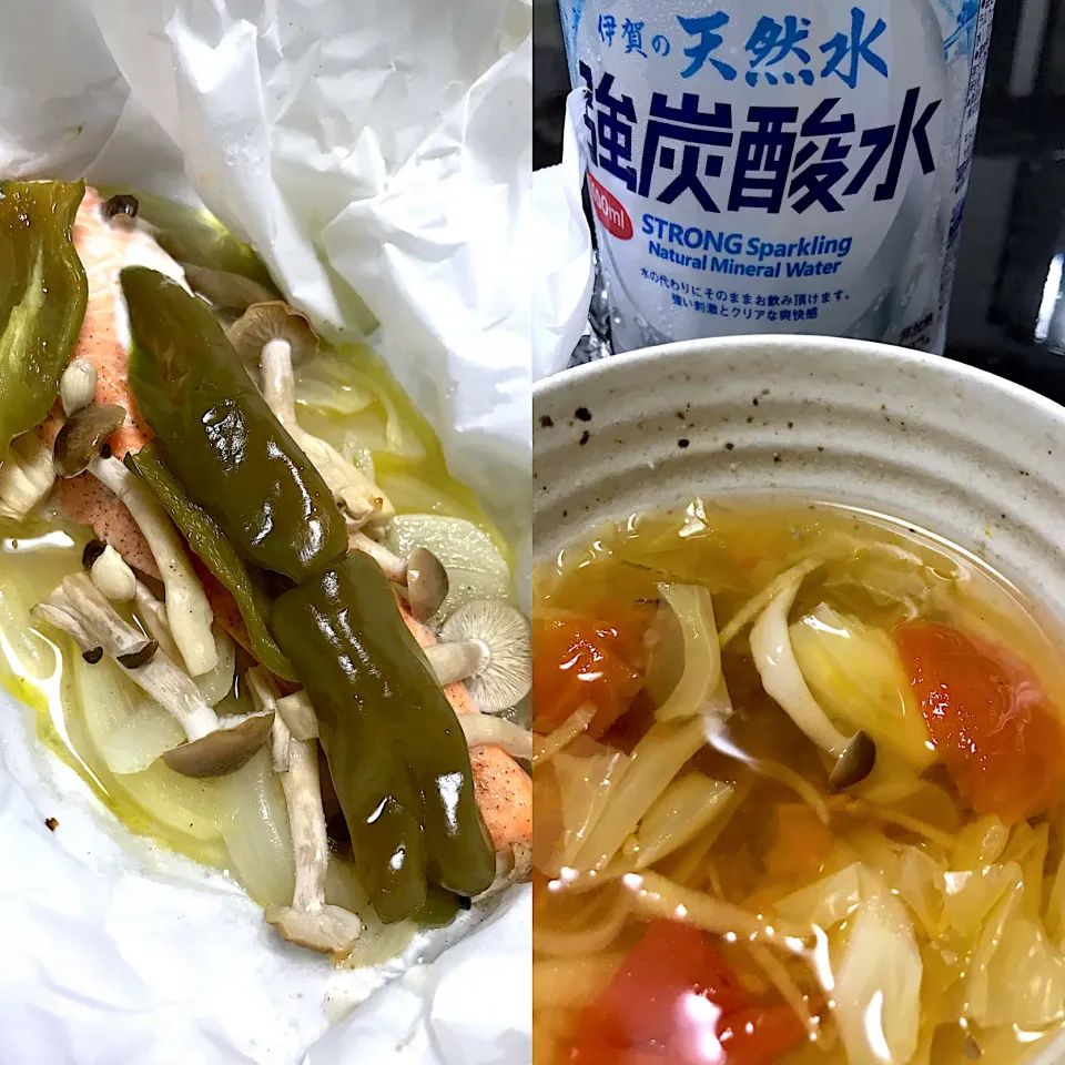 鮭と野菜グリルに野菜スープ^ ^|saturnさん