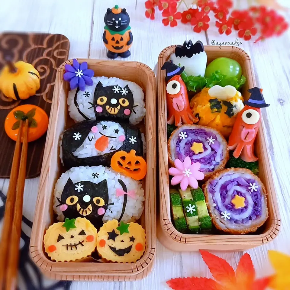 Snapdishの料理写真:黒猫ちゃんとオバケ👻ちゃん
俵型おにぎりのハロウィン弁当🎃|ayano.adshさん