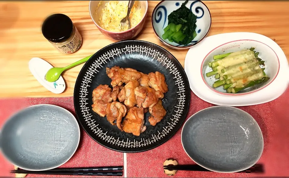 チキン南蛮 タルタルソース食べ比べ
(手作りと市販のわさびタルタル)
小松菜のおひたし
アスパラチーズ焼き|ひろゴーヤさん