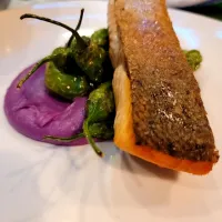 seared salmon with a Japanese sweet potato puree shishito peppers and a sage butter...|Rich mさん