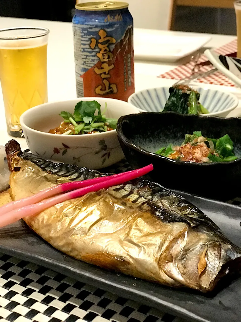 Snapdishの料理写真:文化サバ🐟なめこおろし・オクラ・小松菜🥬お浸し➰🍻😋|ナムナムさん