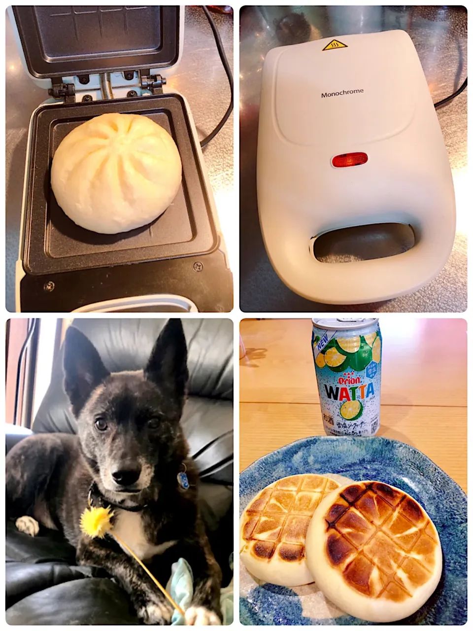 Snapdishの料理写真:ピザまんをホットサンドしてみた。これにチーズとピザソースを仕上げにのせてオーブンで焼いてもいいかもな。|海斗さん