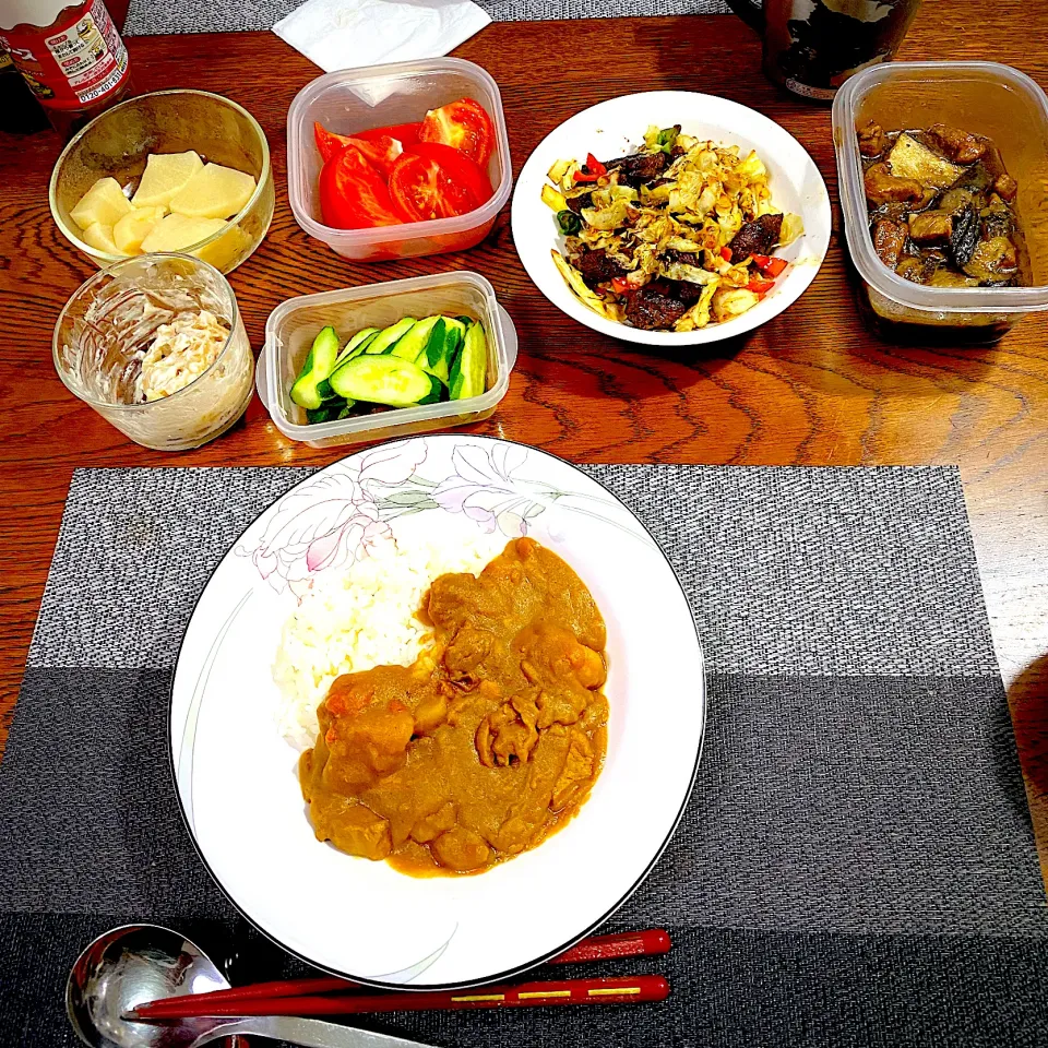 Snapdishの料理写真:カレーライス、焼肉と野菜炒め、ナスと豚ヒレの炒め煮、常備菜、漬物|yakinasuさん