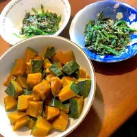 Snapdishの料理写真:かぼちゃの煮物とほうれん草胡麻和え|Lululunaさん