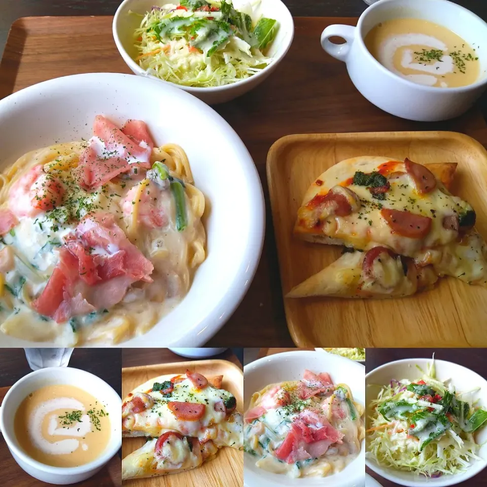 パスタヴィータでパスタランチ🍝生ハムと小海老のクリームパスタ、ピザ、サラダ、スープ|うたかた。さん