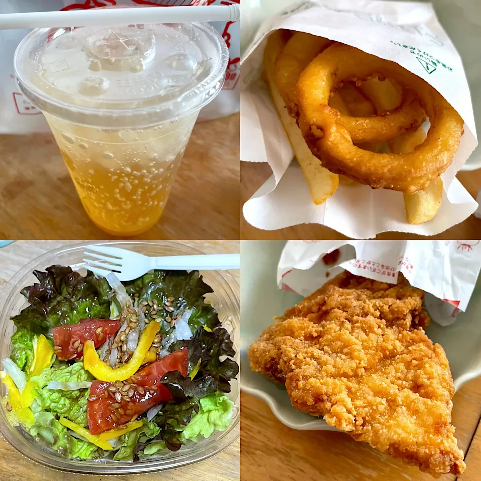 甘夏🥤　オニオン&ポテト🍟　モスチキン🍗　　　　こだわりサラダ🥗|るみおんさん