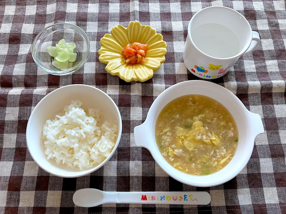 【離乳食】親子丼風あんかけ、ごはん、ぶどう、トマト、水|sayaさん