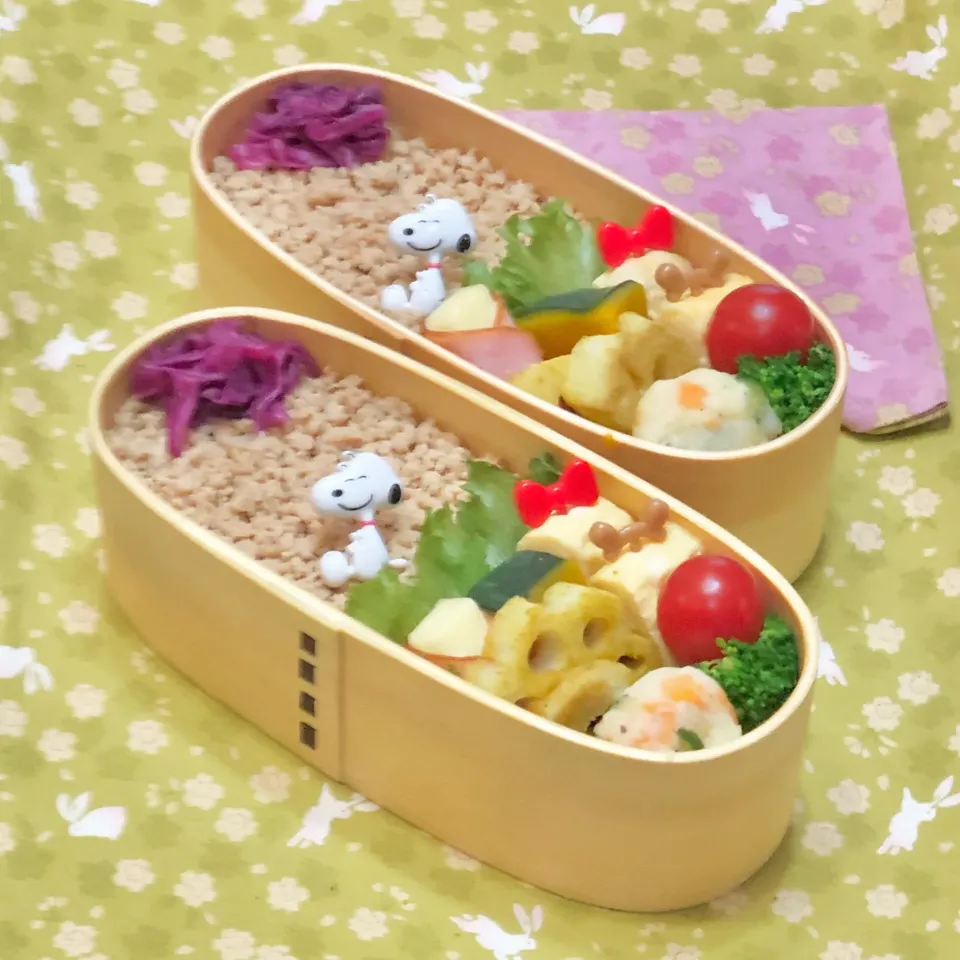 鶏そぼろ☘の双子ちゃんお弁当💙❤️ 9/14火|sweet homeさん