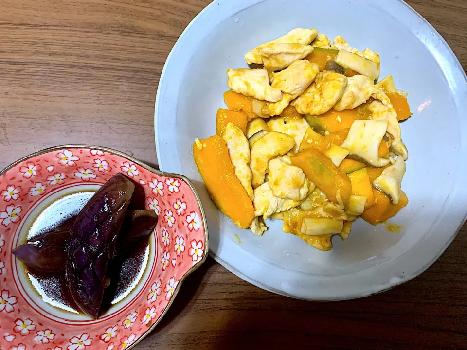 ・かぼちゃと鶏胸肉の甘酢あん　・なすの煮浸し|みぃさん