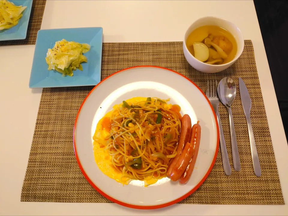 Snapdishの料理写真:今日の夕食　あんかけパスタ、キャベツサラダ、じゃがいもの白だしスープ|pinknari🐰🌈さん