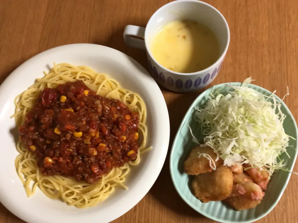 ミートパスタ&コーンスープ|ここなりさん