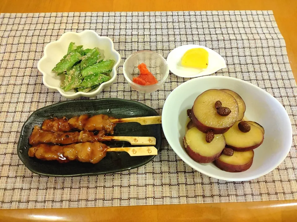 ☆焼き鳥
☆さつまいもレーズン煮
☆四角豆ゴマ和え
☆明太子
☆たくあん|chikakoさん