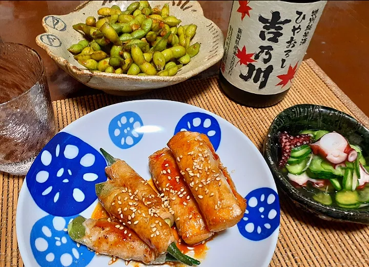 厚揚げ・オクラ　豚肉巻き
　うまかばい絡め
酢だこ🐙
由美ちゃんのうまかばい枝豆|びせんさん