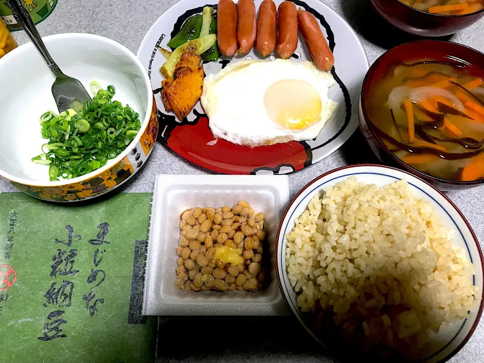 ネギだくで #夕飯 ロウカット玄米ご飯、国産大豆使用まじめな小粒納豆、ネギ、ピーナッツカボチャピーマン玉ねぎ炒め、目玉焼き(ターンオーバーじゃないやつ)、玉ねぎ昆布人参味噌汁|ms903さん