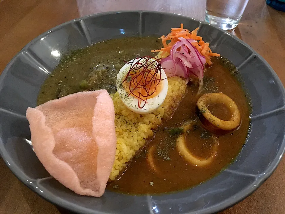 2種あいがけカレー（しいたけのグリーンカレーVeg&いかのトマトカレー）|こいちさん