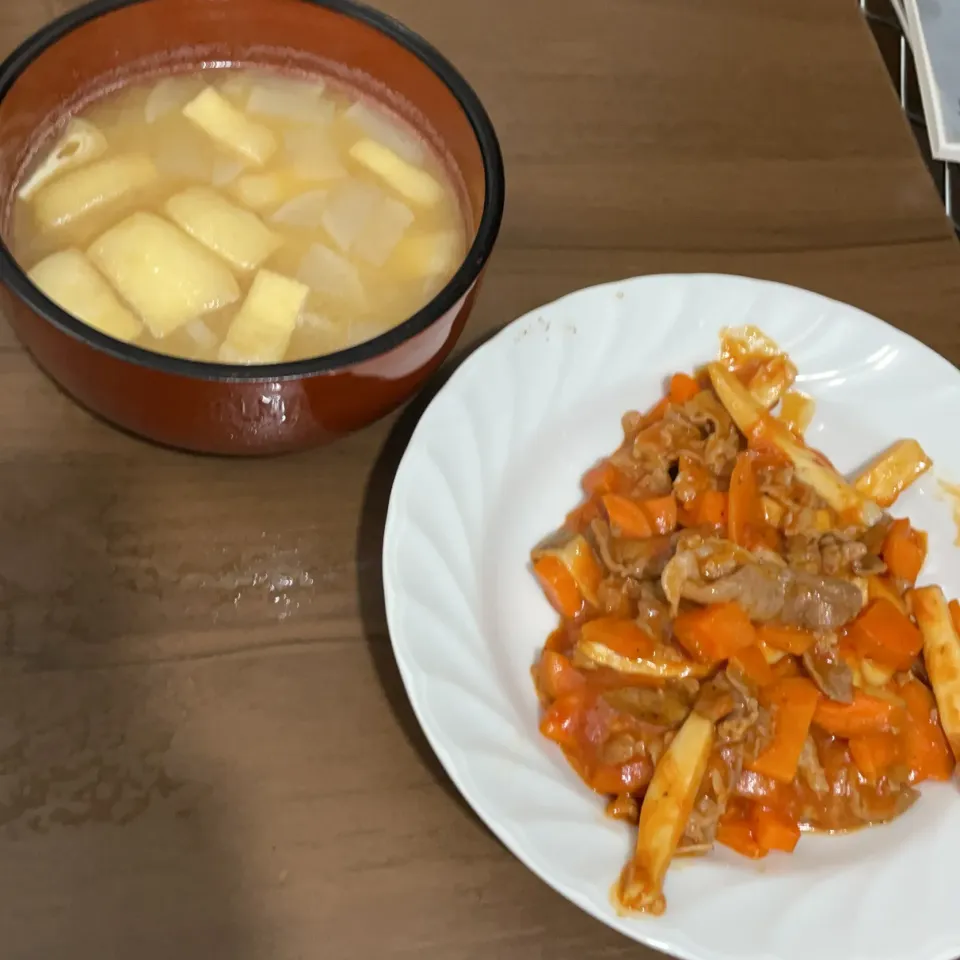 エリンギと豚肉のトマト炒め・大根と油揚げの味噌汁|a-parkさん