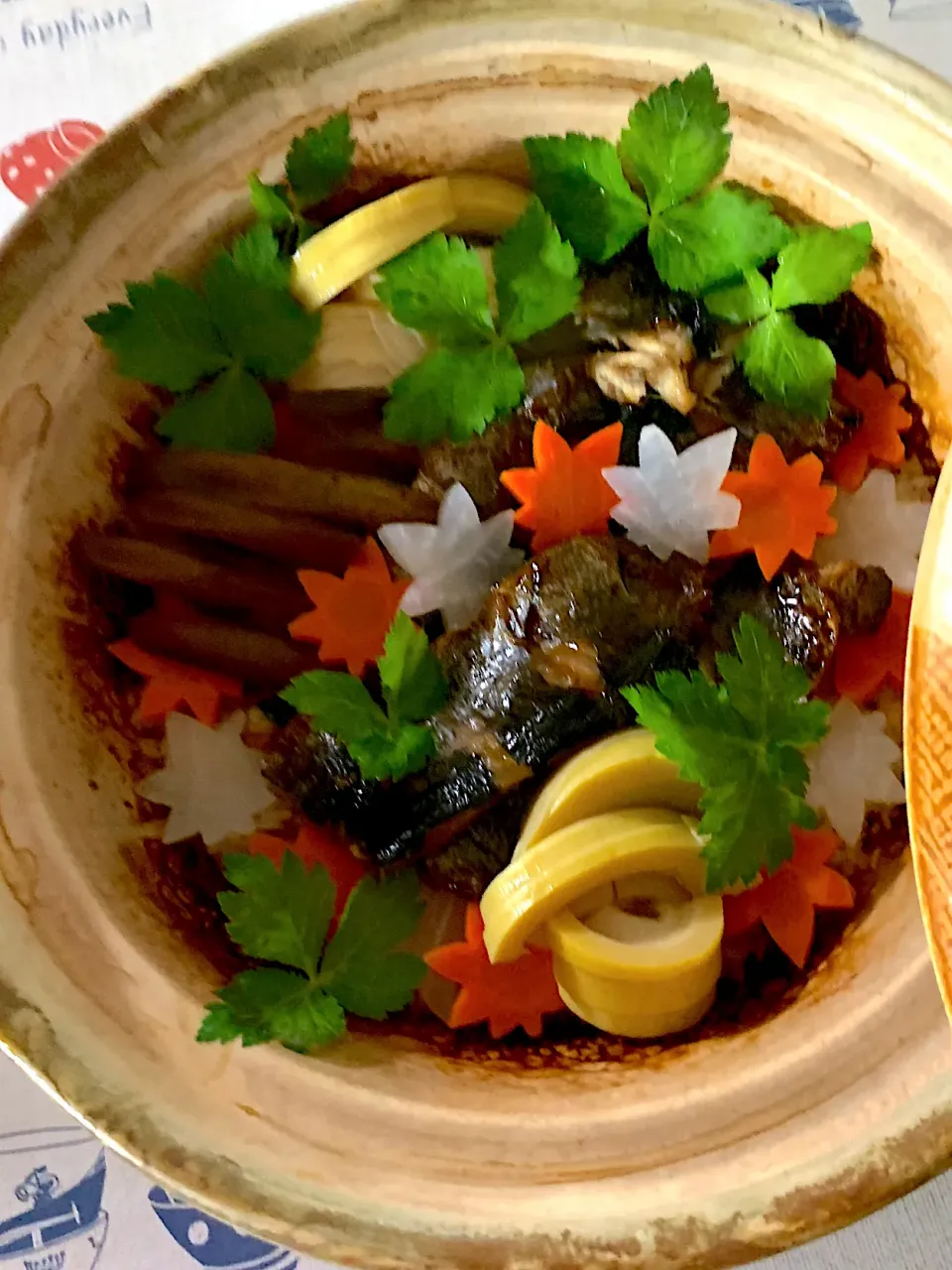 Snapdishの料理写真:にしんの蒲焼きと彩り野菜の釜飯|シュトママさん