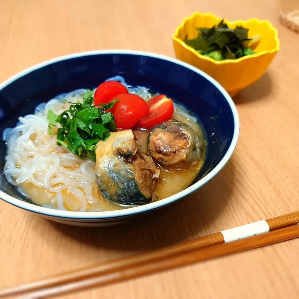 Snapdishの料理写真:【夜ごはん】
鯖の味噌煮缶を使った白滝麺
海藻サラダ|Rie*さん