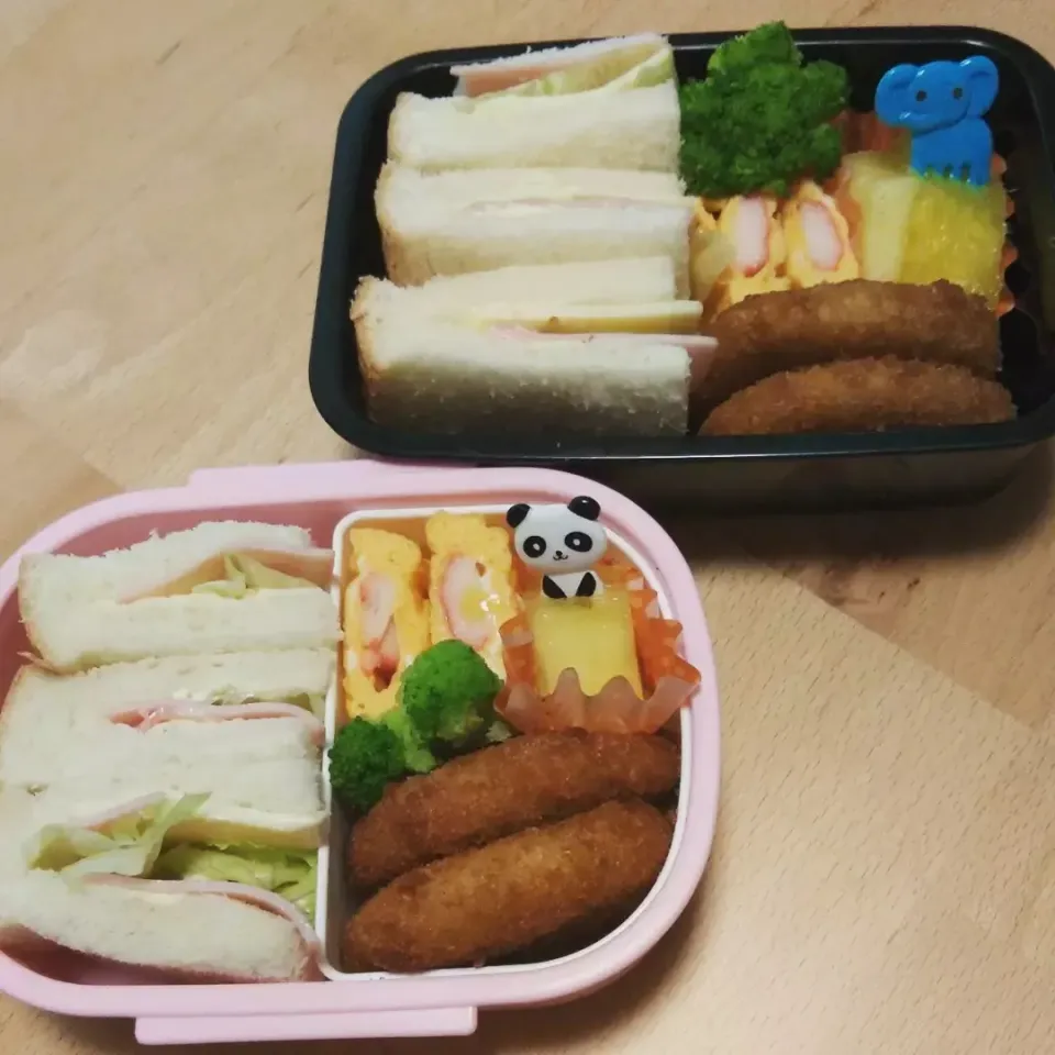 お弁当🍱2021.9.2

ハムチーズサンド、コロッケ（冷食）、カニ入玉子焼き、ブロッコリー、パイン|macco7さん