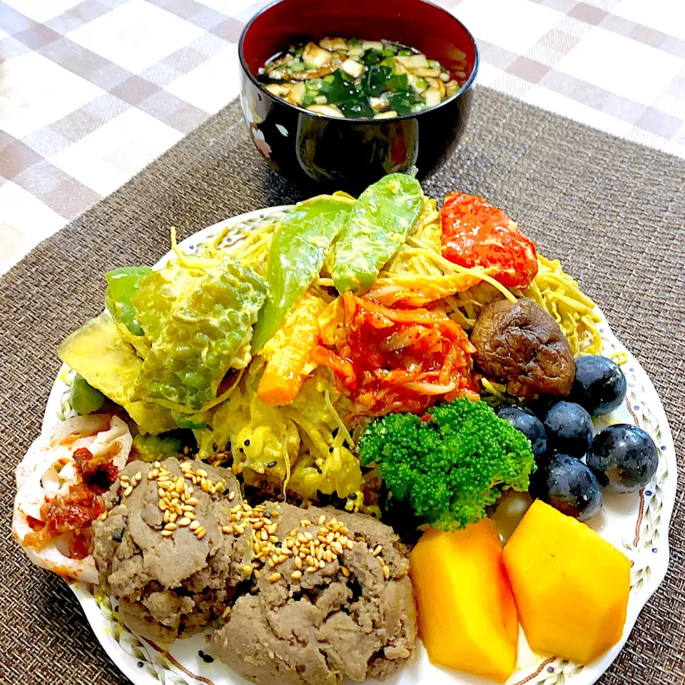 今日のお昼ごはん★サラダチキンと野菜のスパイス豆乳カレー&蕎麦がき|riko30294さん