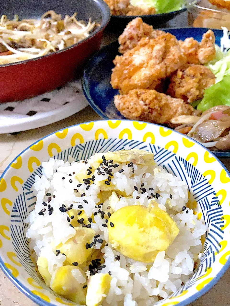 栗ご飯、唐揚げ、きのこソテー|foryuukiさん