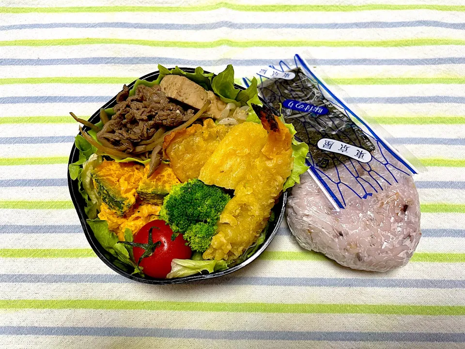 Snapdishの料理写真:天ぷら、牛すき煮、カボチャサラダ、もやしナムル|jackybeanさん