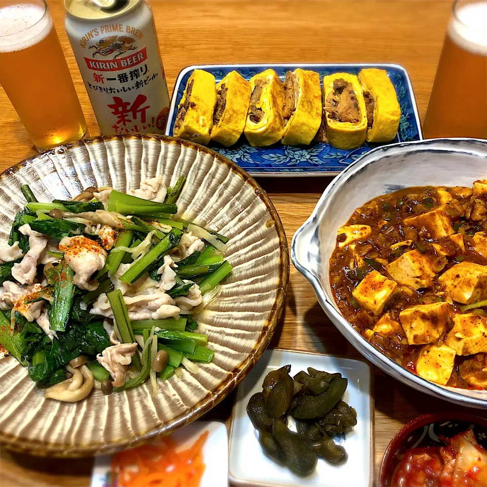 豚ロース肉と小松菜の生姜炒め　鯖の味噌煮缶の卵焼き　麻婆豆腐|じゅんさんさん