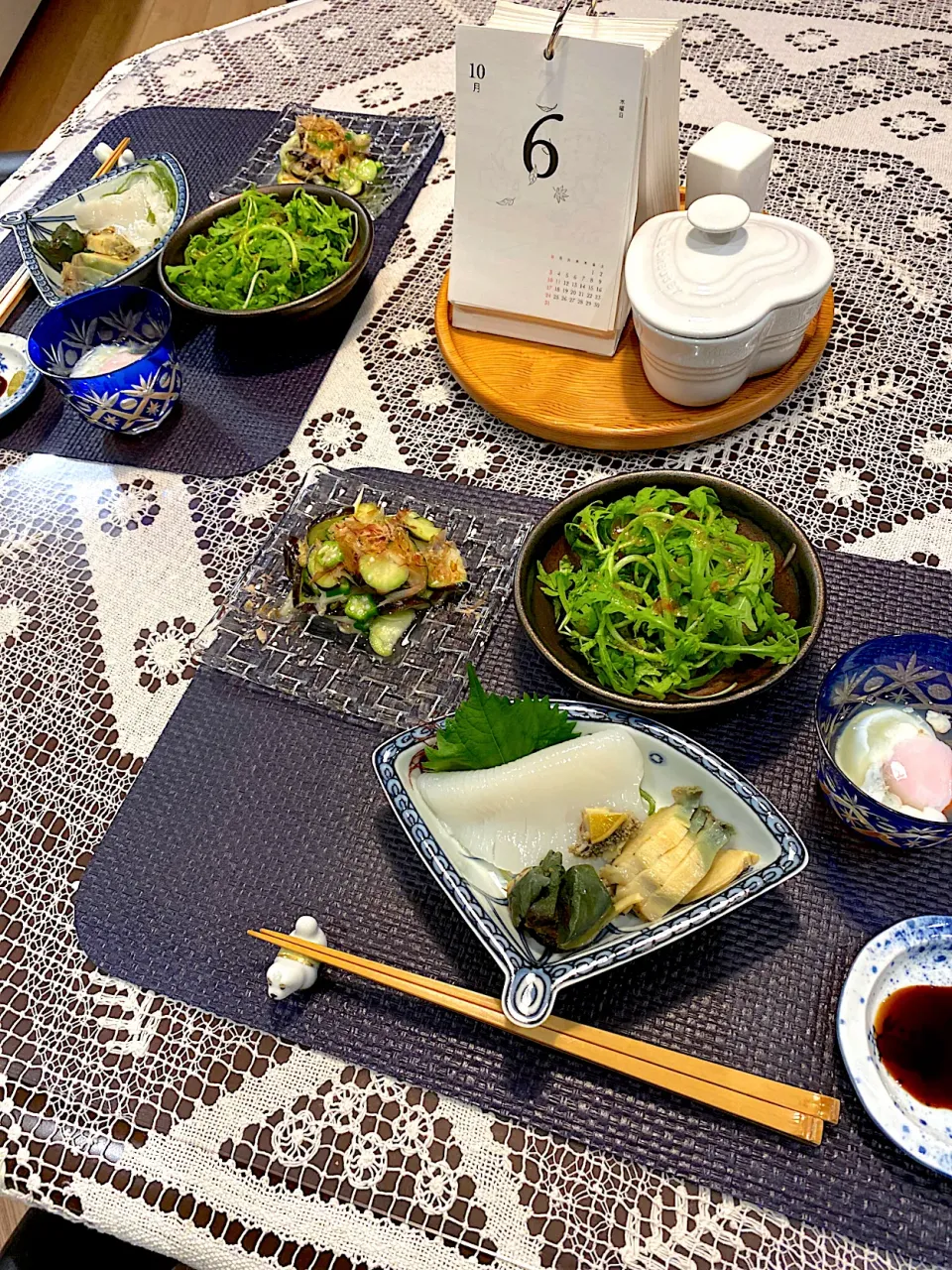 蒸し鮑、イカ刺身、水茄子オクラ茗荷の梅酢和え|papinさん