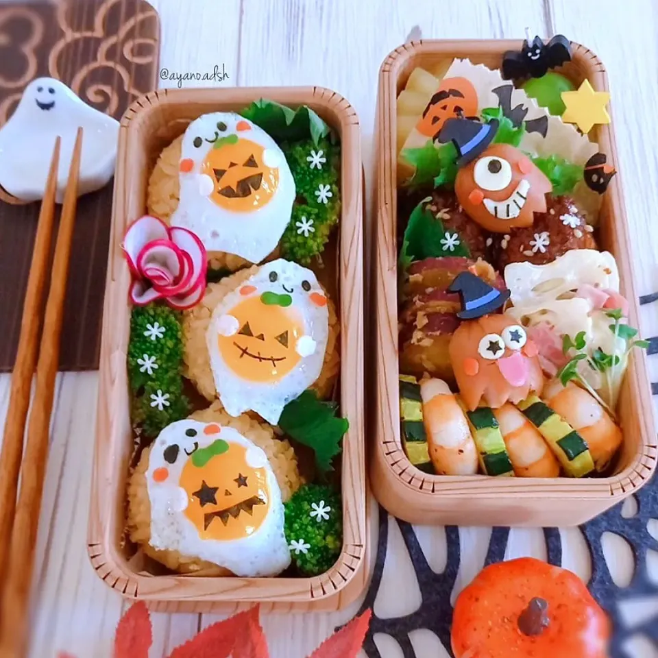 味噌マヨ焼きおにぎりに
目玉焼きオバケちゃんのっけ
🎃👻ハロウィン弁当🎃👻|ayano.adshさん