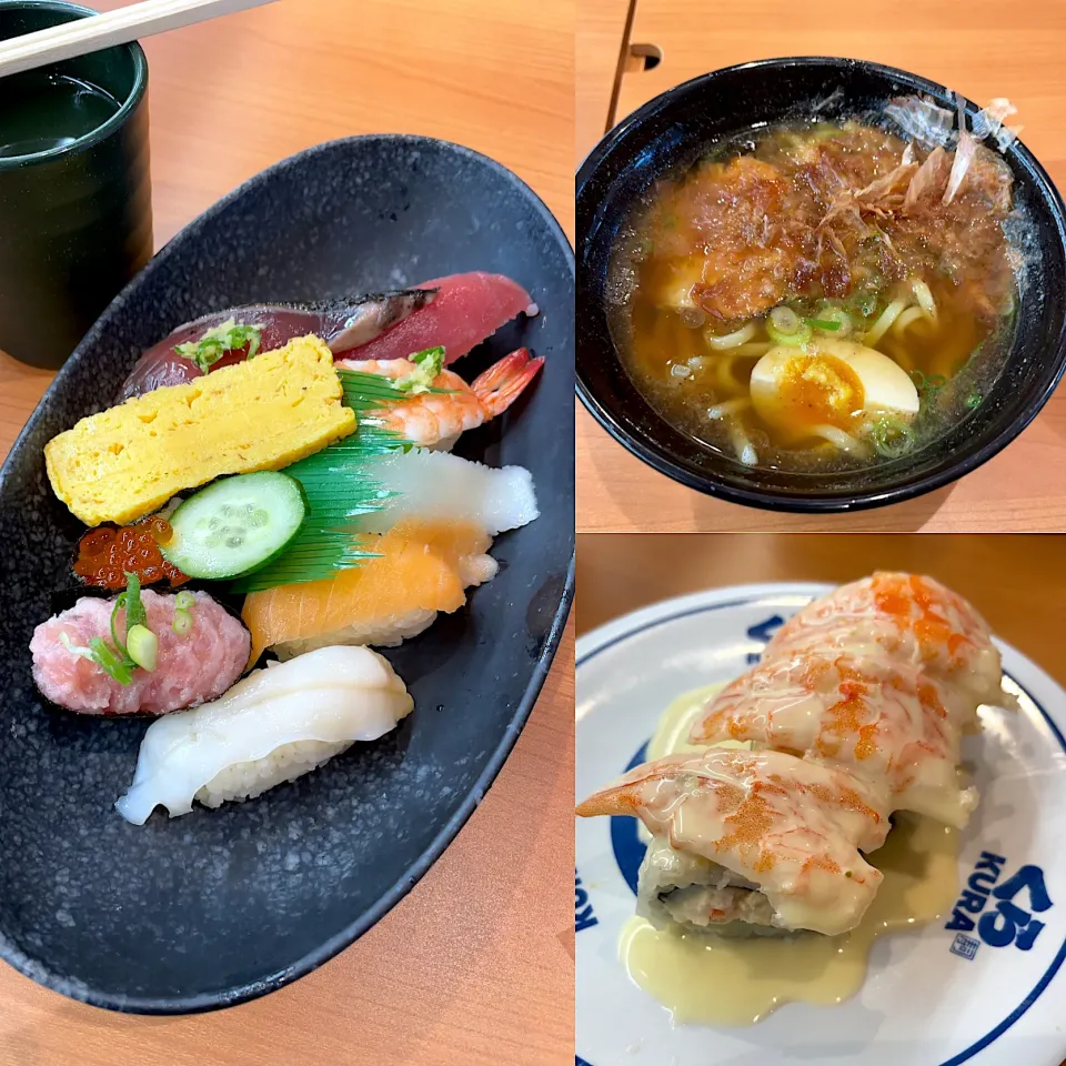 くら寿司ランチ　寿司🍣9種　追い鰹醤油らーめん🍜　えびゆずクリームロール|るみおんさん