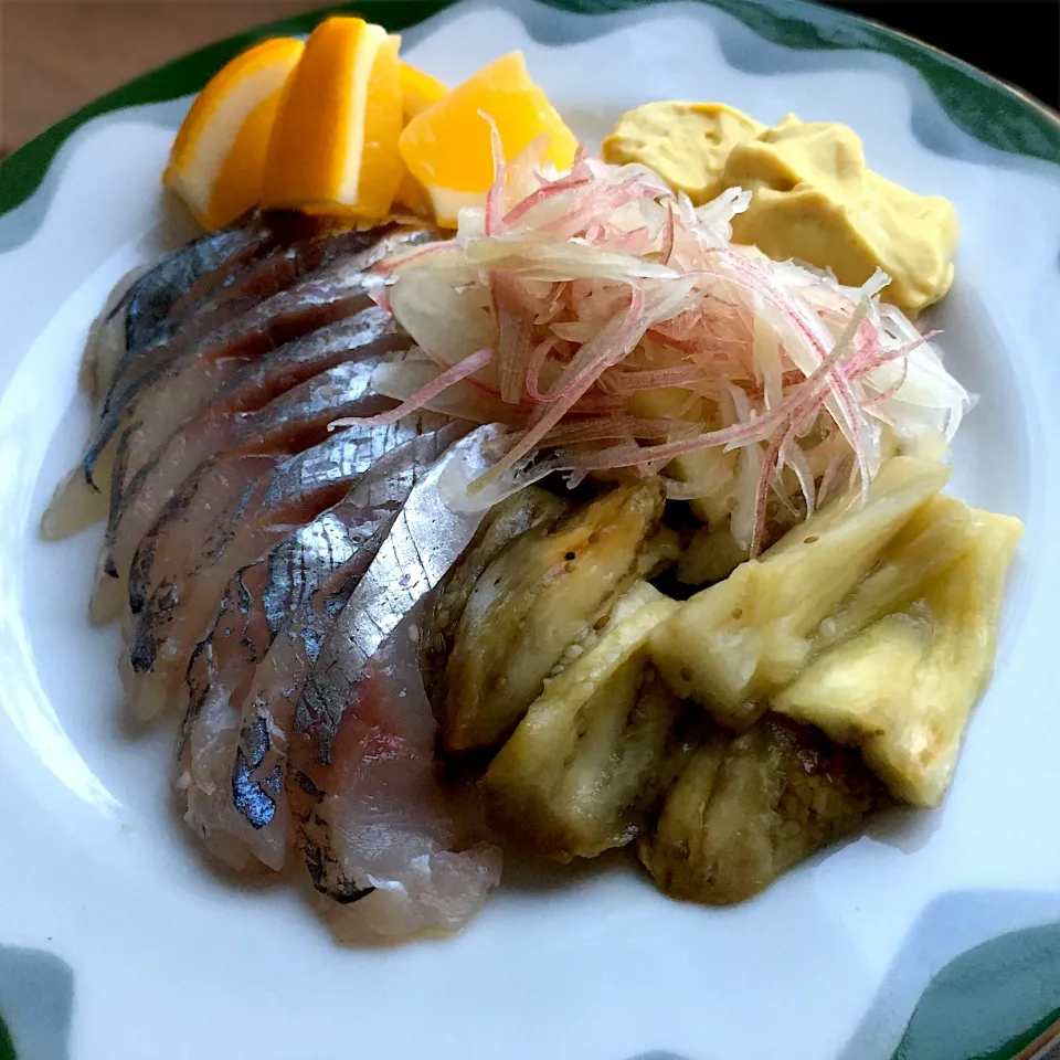 Snapdishの料理写真:【食べないとわからない】鯵とマスタード、焼き茄子 #魚の日|七海さん