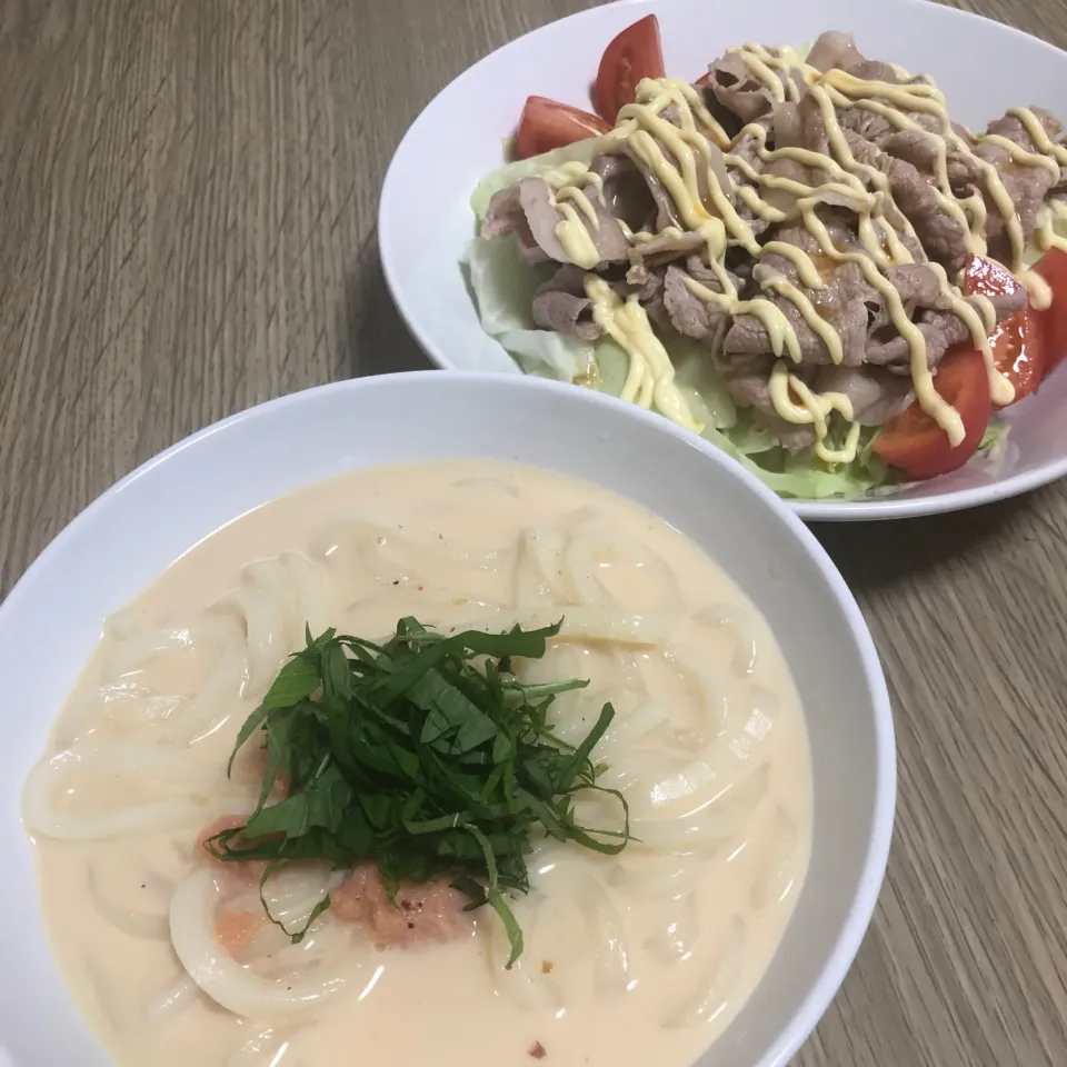 Snapdishの料理写真:明太豆乳クリームうどん&冷しゃぶサラダ|seiko Oさん