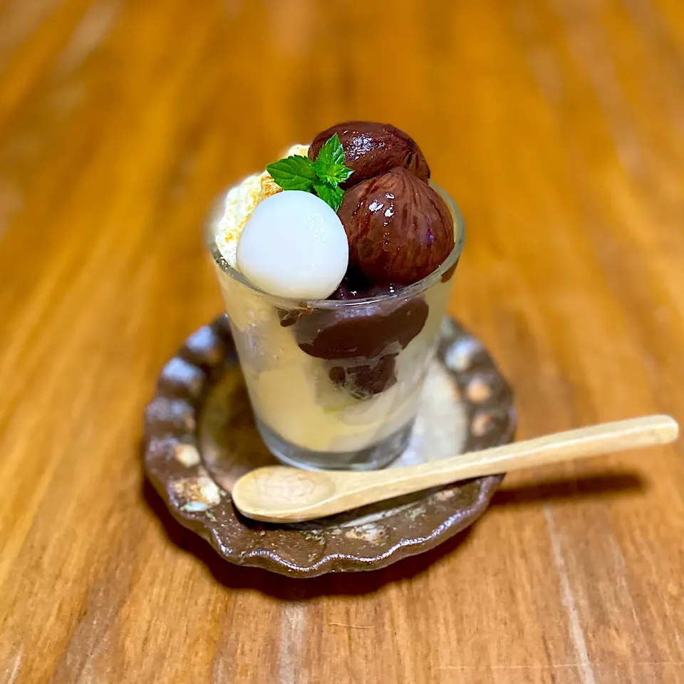 Snapdishの料理写真:おうちカフェ♥️🌰栗の渋皮煮を使って〜⭐️ 和風パフェ🎶作ってみた😊|みかりんさん