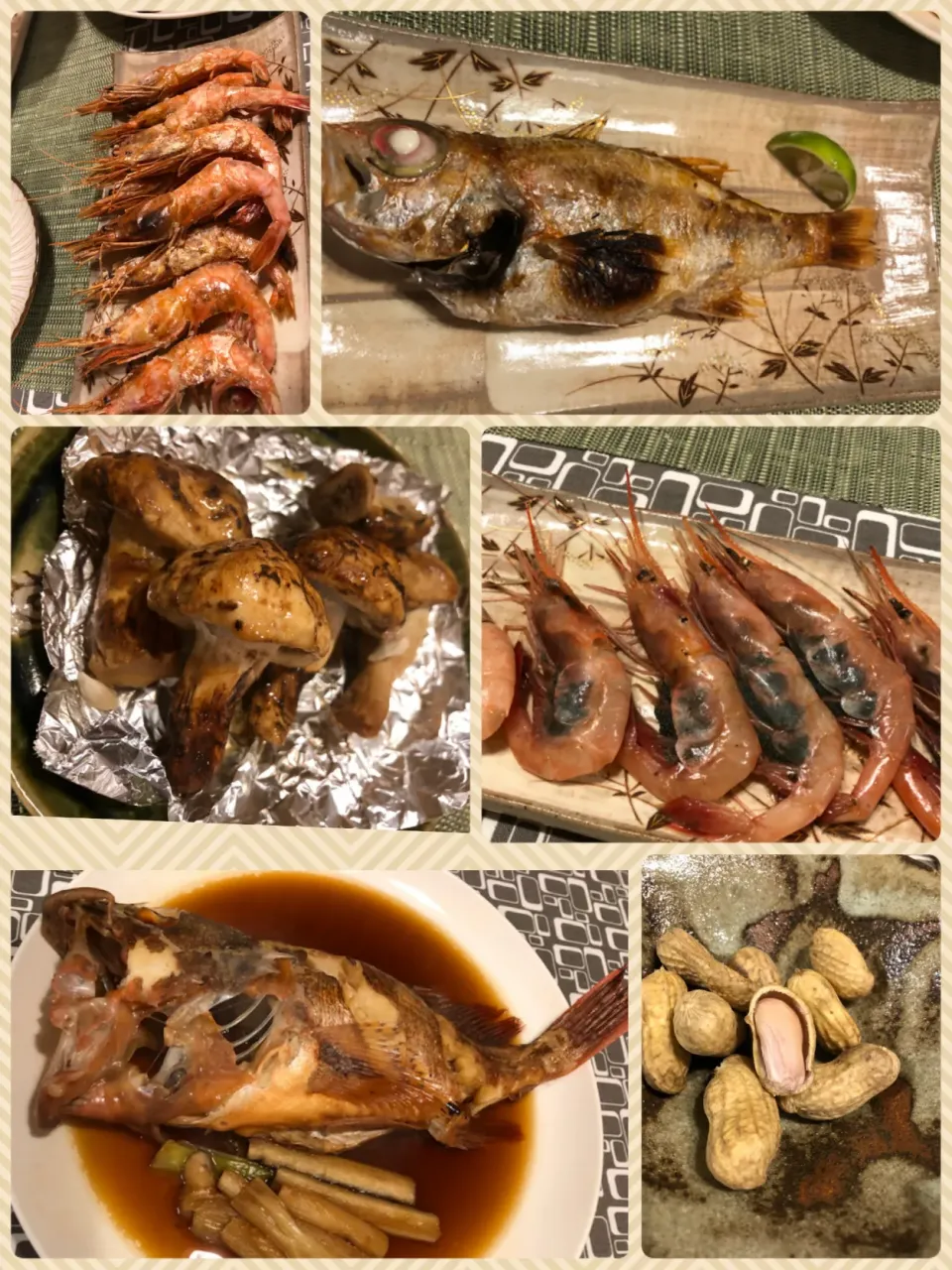 Snapdishの料理写真:山陰のお宝　ノドグロの塩焼き、カサゴの煮付け、松茸、甘エビのお刺身と塩焼き、生ピーナッツの塩茹で|amiさん