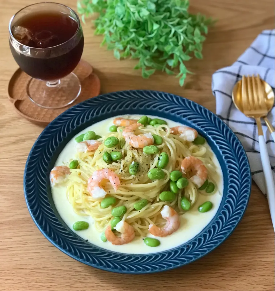 海老と枝豆と白だしののクリームパスタ|てんのすけさん