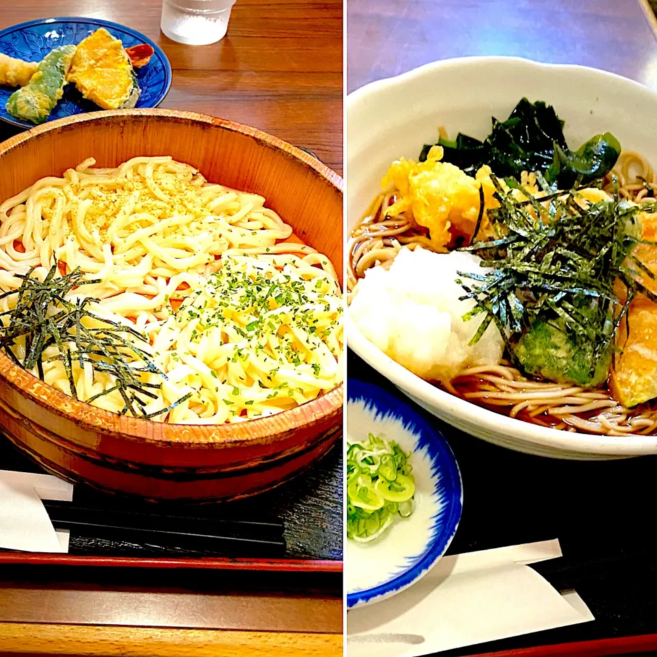 Snapdishの料理写真:たらいうどんと天ぷら、海老おろし蕎麦|yakinasuさん