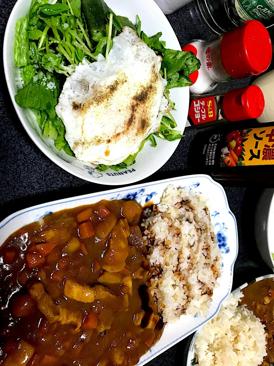 映画 テスラ-エジソンが恐れた天才 を観ながら #夕飯　ソースはご飯の方にかける派です。　ピーナッツカボチャ入りカレーロウカット玄米ミックス白米ライス、目玉焼き(ターンオーバーじゃないやつ)レタス豆苗サラダ|ms903さん