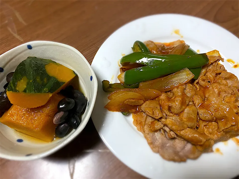 ポークチャップ　　南瓜と黒豆煮|まるちゃんさん