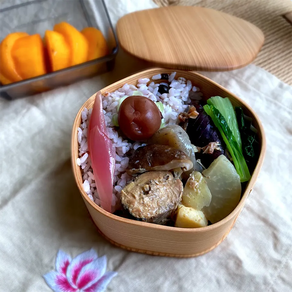 Snapdishの料理写真:鯖味噌煮缶と根菜煮物の日の丸弁当|むぎこさん