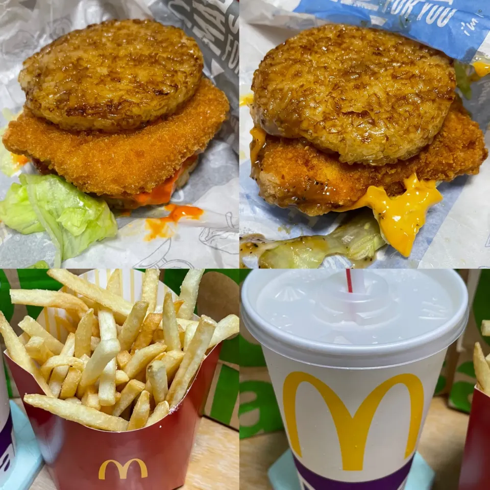 ごはん海老旨辛仕立て🍔　ごはんチキンにんにく黒胡椒🍔　ポテト🍟　スプライト🥤|るみおんさん