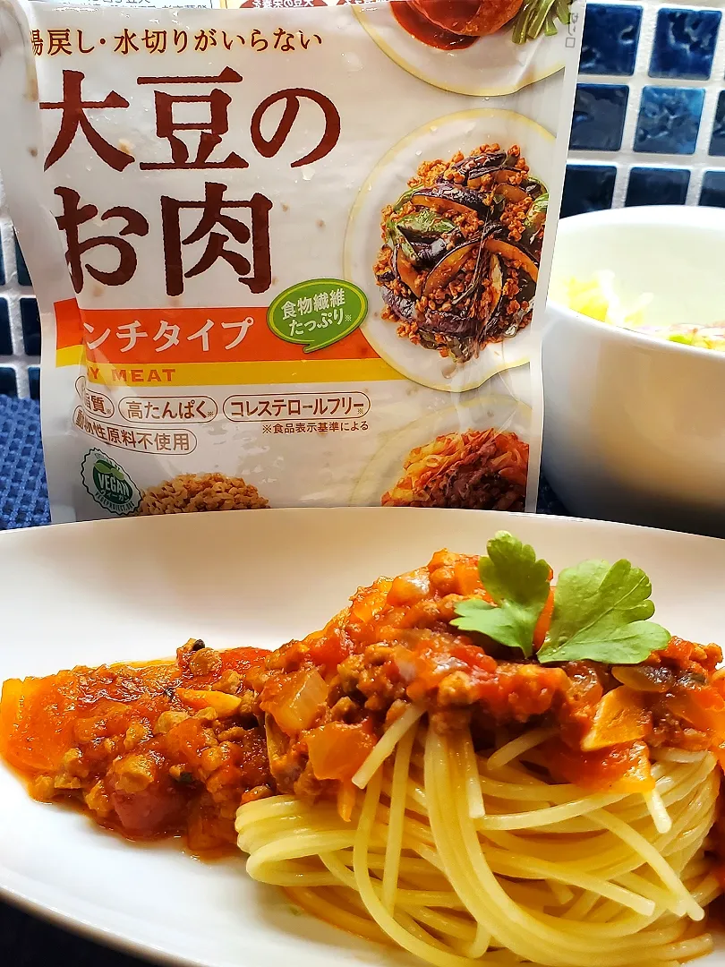 大豆のお肉のミートソースパスタ|オハナシマンさん